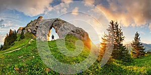 Mountain landscape with big rock at sunset - Low Tatras, Slovakia