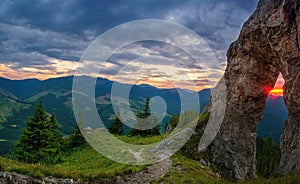 Mountain landscape with big rock at sunset - Low Tatras, Slovakia