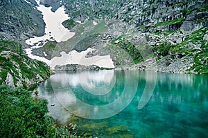 Mountain landscape. Blue lake and snowfield on the shore