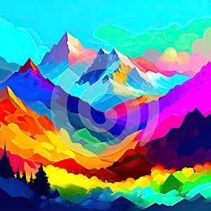 A mountain landscape in bright colors in the style of digital painting with an empty space for text photo