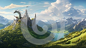 mountain landscape with castle. fairy tale castle. AI Generative