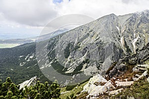 Horská krajina na zamračený den s dešťovými mraky. Tatry.