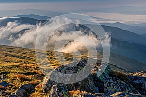 Mountain Landscape in Colourful Sunsrise. View from Mount Dumbier in Low Tatras