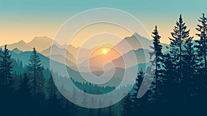 Mountain landscape with coniferous forest and sunset. illustration Generative AI