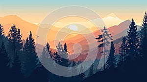 Mountain landscape with coniferous forest at sunset. illustration Generative AI