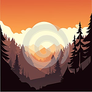 Mountain landscape with coniferous forest and sunset. Vector illustration Generative AI