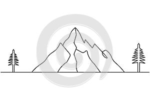 Mountain landscape continuous one line drawing on white background