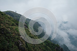 Mountain landscape covered in clouds and fog on Wugong Mountain in Jiangxi, China