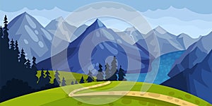 Mountain Landscape with Distant Peaks and Green Hill with Winding Path Vector Illustration