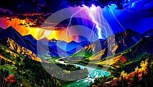 A mountain landscape with dramatic lightning storm sky