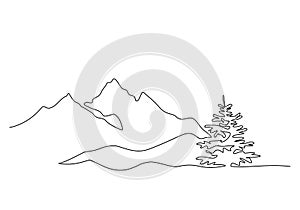 Mountain landscape, drawn in one line. Continuous line. Travels. Minimalistic graphics. Mountains and spruce.