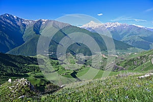 Mountain landscape of the Dzheyrakh valley with a view of Mount Kazbek