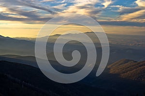 Mountain landscape in early spring at sunset, mount Stolovi