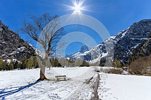 Mountain landscape in early springtime with clear blue sky and sunshine Austria, Tyrol, Karwendel Alpine Park, near Gramai