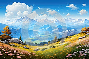 Mountain Landscape With Flowers Painting