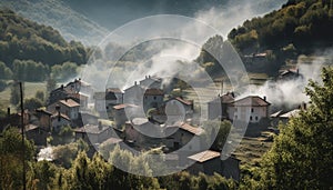 Mountain landscape with fog, old farm hut, and autumn meadow generated by AI