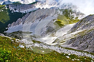 Mountain landscape with forest and blue sky in Austrian Alps. Tirol region