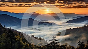 Mountain landscape with forested hills with fog in the valley at sunrise. Breathtaking natural scenery