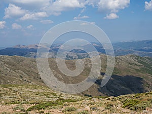 Mountain landscape in Gennargentu, highest mountain in Sardinia, Nuoro, Italy. Vaste peaks, dry plains and valleys with