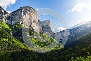 Mountain landscape with green forest and a sunset cloudy sky. Souloise Defile, French Alps.