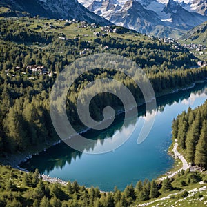Mountain landscape in Gressoney, Aosta Valley region of Italy: Rifugio Mollino. Aerial view of green coniferous