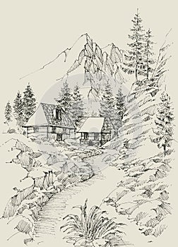 Mountain landscape hand drawing