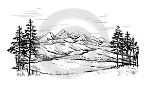 Mountain landscape. Hand drawn sketch with forest and rocky ridges. Black and white scenery. Highlands panorama. Sky horizon.