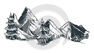 Mountain landscape Hand drawn vector illustration, sketch natural drawing vintage style Handdrawn rocky peaks monochrome colors
