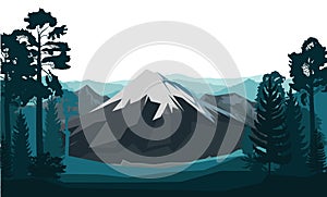 Mountain landscape. The haunted forest. Coniferous and deciduous trees. Silhouette. Isolated on a white background