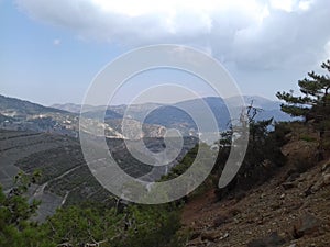 Mountain landscape. High gray mountains and sparse vegetation