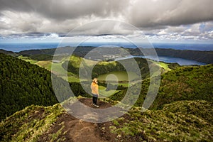 Mountain landscape with hiking trail and view of beautiful lakes, Ponta Delgada, Sao Miguel Island