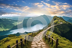 Mountain landscape with hiking trail and view of beautiful lakes Ponta Delgada, Sao Miguel Island, Azores, Portugal.