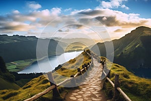 Mountain landscape with hiking trail and view of beautiful lakes Ponta Delgada, Sao Miguel Island, Azores, Portugal.