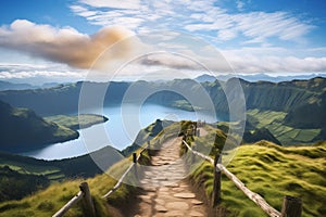 Mountain landscape with hiking trail and view of beautiful lakes Ponta Delgada, Sao Miguel Island, Azores, Portugal.