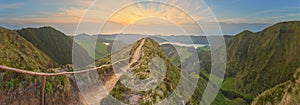 Mountain landscape with hiking trail and view of beautiful lakes, Ponta Delgada, Sao Miguel Island, Azores, Portugal