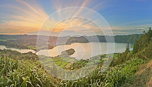 Mountain landscape with hiking trail and view of beautiful lakes, Ponta Delgada, Sao Miguel Island, Azores, Portugal