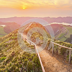 Mountain landscape with hiking trail and view of beautiful lakes, Ponta Delgada, Sao Miguel Island, Azores, Portugal