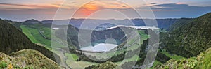 Mountain landscape with hiking trail and view of beautiful lakes, Ponta Delgada, Sao Miguel Island, Azores, Portugal