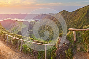 Mountain landscape with hiking trail and view of beautiful lakes, Ponta Delgada, Sao Miguel Island, Azores, Portugal