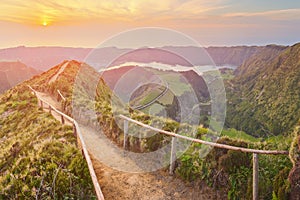 Mountain landscape with hiking trail and view of beautiful lakes, Ponta Delgada, Sao Miguel Island, Azores, Portugal