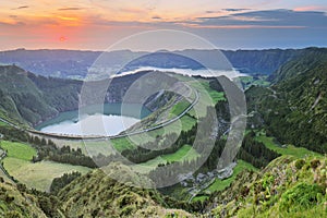 Mountain landscape with hiking trail and view of beautiful lakes, Ponta Delgada, Sao Miguel Island, Azores, Portugal