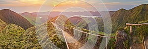 Mountain landscape with hiking trail and view of beautiful lakes, Ponta Delgada, Sao Miguel Island, Azores, Portugal