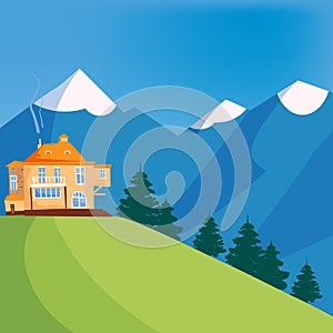 Mountain landscape, house on the mountain, chalet, hotel, vector, illustration, isolated, cartoon style