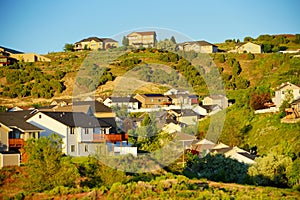 Mountain Landscape of house and tree in city Pocatello in the state of Idaho