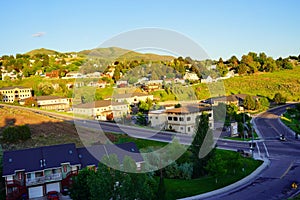 Mountain Landscape of house and tree in city Pocatello in the state of Idaho