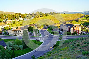 Mountain Landscape of house and tree in city Pocatello in the state of Idaho