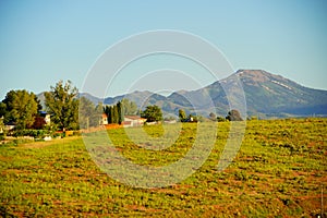 Mountain Landscape of house and tree in city Pocatello in the state of Idaho