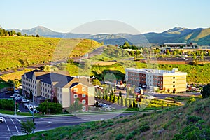 Mountain Landscape of house and tree in city Pocatello in the state of Idaho