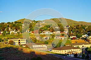 Mountain Landscape of house and tree in city Pocatello in the state of Idaho