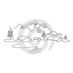 Mountain landscape with houses drawn in one line. Continuous line.